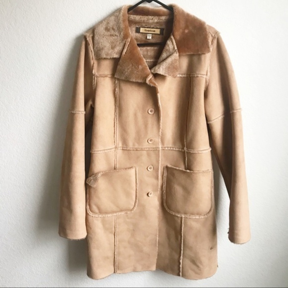 bebe thick tan faux suede & fur jacket, Medium
